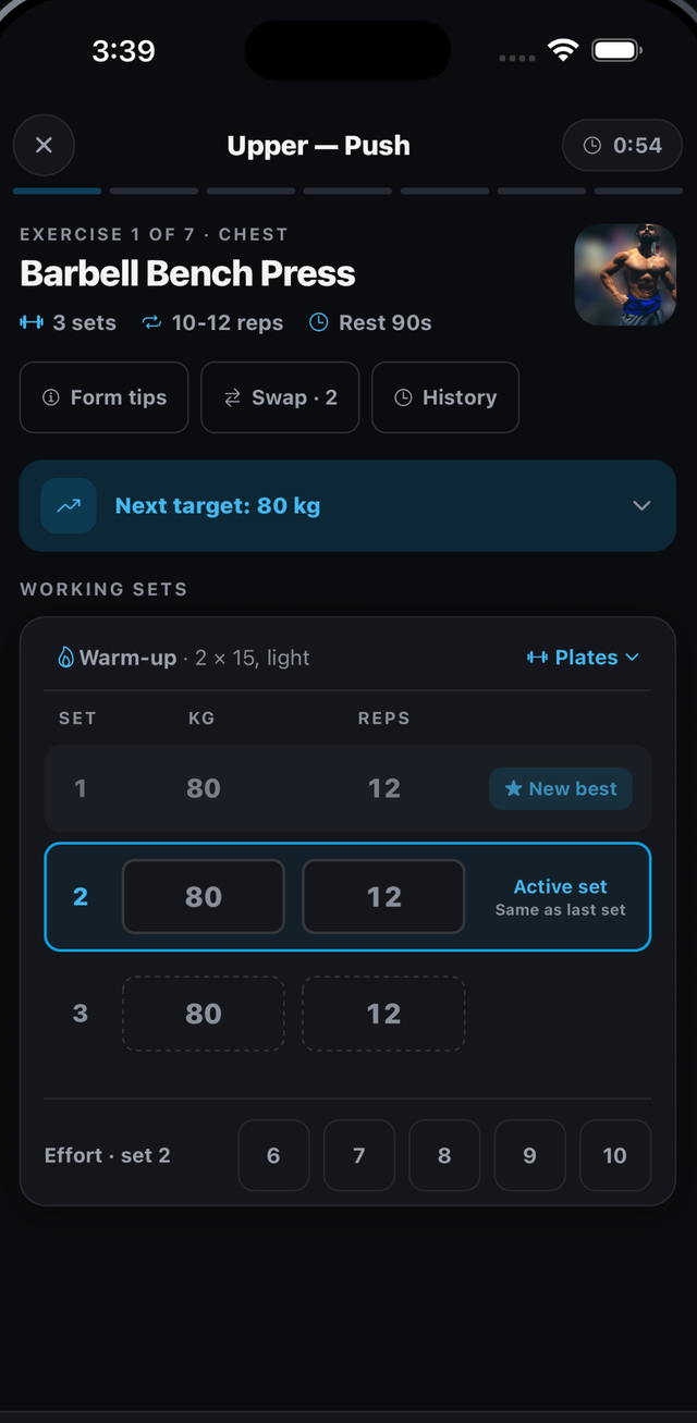 Logging a set, with the previous session's numbers shown for reference.